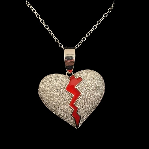 Sterling Silver Moissanite Broken Heart Pendant – Red Enamel & Iced Out Design - Picture 1 of 3